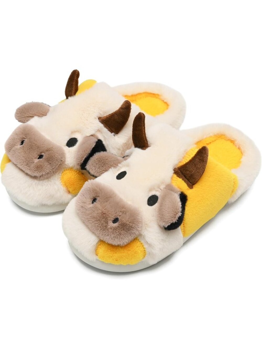 Women's Yellow 1 Fluffy Cute Cozy Cartoon Fuzzy Cow Polyester Indoor Slippers